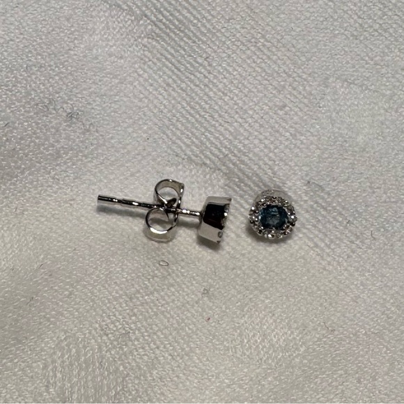 Small Round 14k White Gold Post Earrings with Blue Topaz and Diamonds